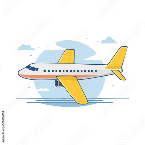 Yellow and white airplane flat vector illustration