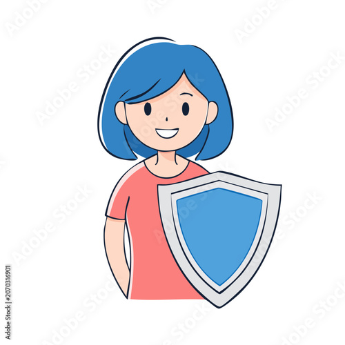 Cartoon girl holding a blue shield, flat vector illustration