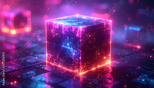 Illuminated futuristic cubes floating in a textured space, vibrant glows