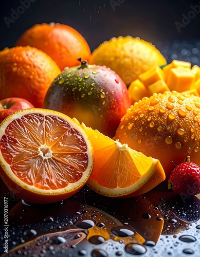 A vibrant arrangement of sliced and whole citrus fruits on a wet surface