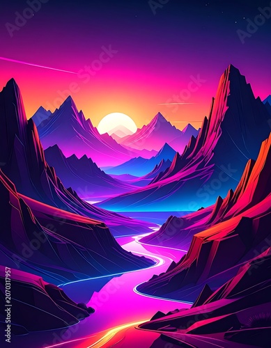 A vibrant, neon-lit mountain range at sunset with a winding river