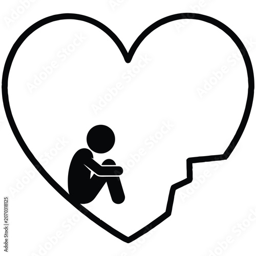 Photography Simple black outline illustration of a sad person inside a broken heart