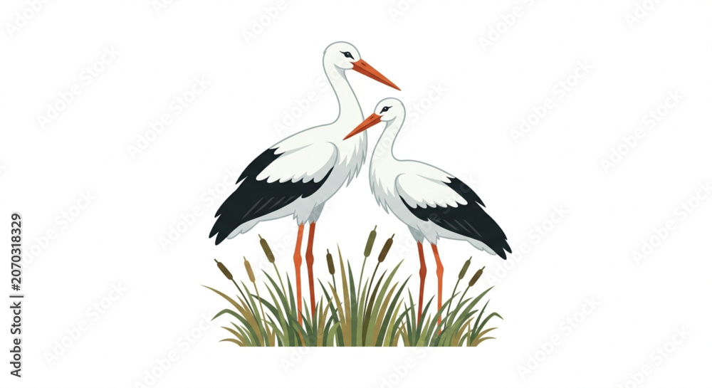 Obraz premium two white storks standing in a swamp vector illustration