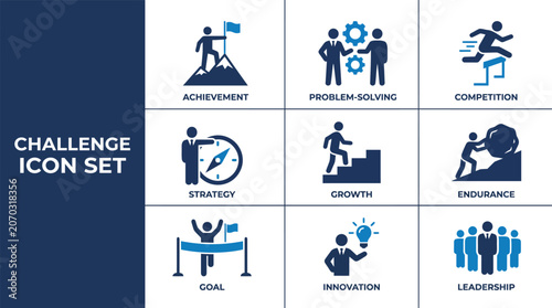 Photos Challenge icon set with goals, obstacles, competition, hurdle, issue, overcome, resolve, rivalry, success, problem solving symbols