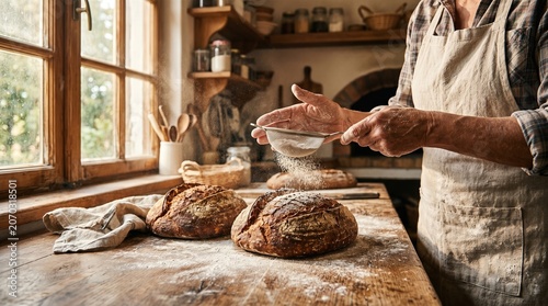 Close Up of Artisan Baker Hands Dusting Flour on Fresh Sourdough Bread