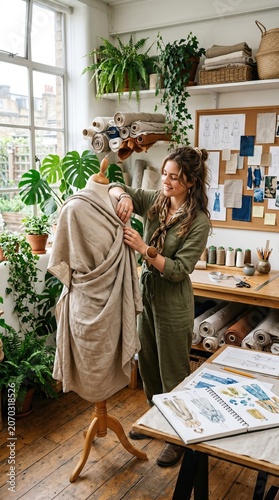 Boutique Sustainable Fashion Designer Fabric Draping onto Mannequin in Studio