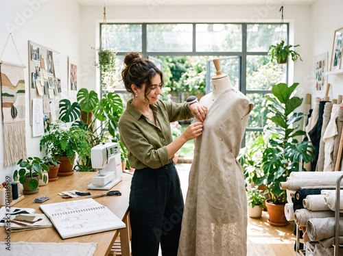 Boutique Sustainable Fashion Designer Fabric Draping onto Mannequin in Studio