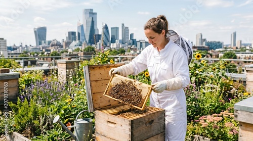 Urban Rooftop Beekeeper Lifting Honeycomb Frame from Hive Box in City