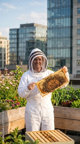 Urban Rooftop Beekeeper Lifting Honeycomb Frame from Hive Box in City