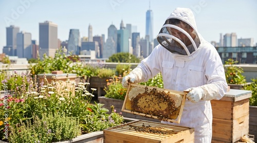 Urban Rooftop Beekeeper Lifting Honeycomb Frame from Hive Box in City