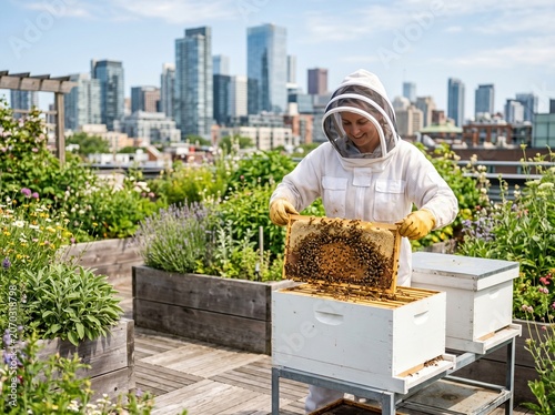 Urban Rooftop Beekeeper Lifting Honeycomb Frame from Hive Box in City