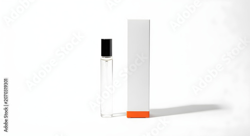 Minimalist perfume spray bottle and white box mockup