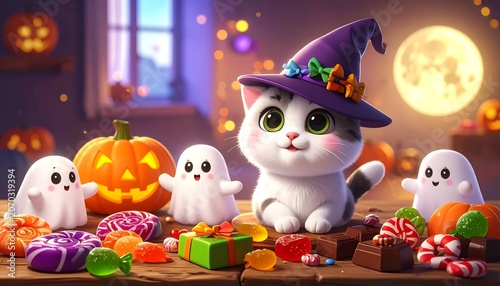 Cute White Kitten Wearing Witch Hat Surrounded by Halloween Candy and Ghosts Indoors