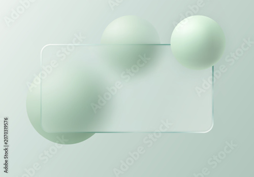 Mint glass morphism banner with frosted panel and pale green spheres