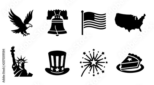 Tableau sur toile American Icons Set: USA Symbols, Liberty Bell, Eagle, Flag, Map, Pie, Fireworks,