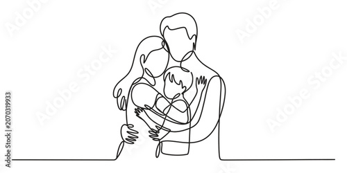 Bild auf Leinwand Continuous single line drawing of a happy young family hugging each other