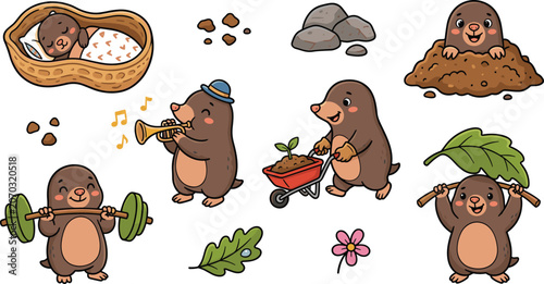Cute Cartoon Mole Character Daily Life Activity and Underground Nature Vector Clipart Set