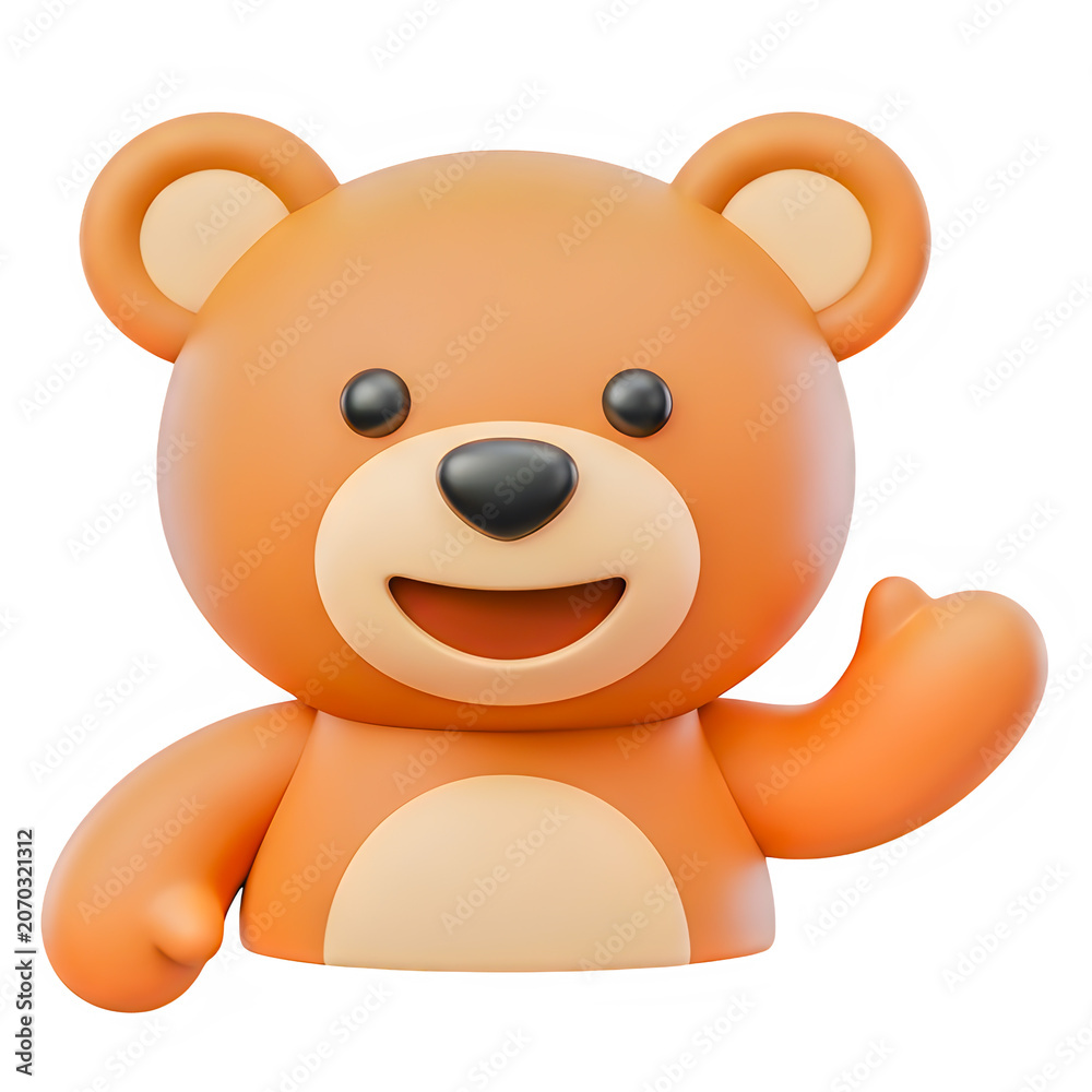 Fototapeta premium Cute brown teddy bear character waving hand with a happy and friendly expression isolated on transparent background