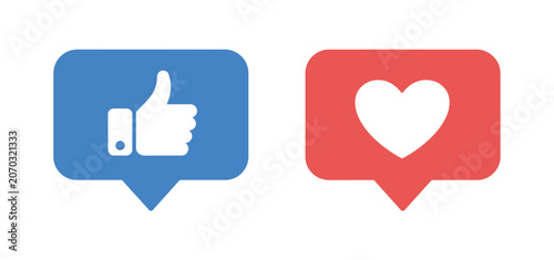 Konstfotografi like and love icon button set featuring thumbs up and heart symbols in speech bubble shapes, social media reaction and engagement concept, clean modern vector illustration