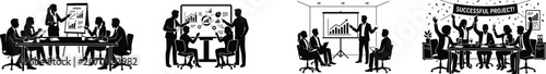 Business Presentation and Successful Project Celebration Icon Set Flat Vector Silhouette Graphics