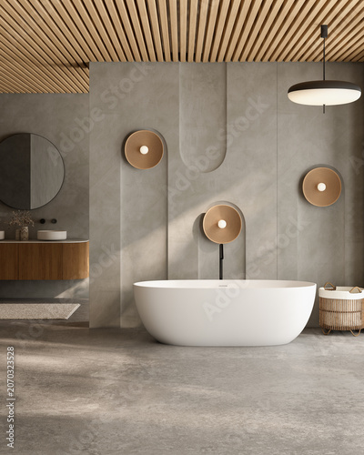 Title: Luxury modern concrete bathroom interior with freestanding bathtub, wooden vanity and round mirror 3d render