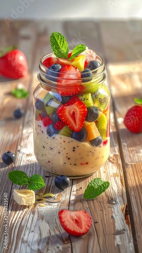Colorful Fresh Fruit Parfait Layered in Glass Jar on Rustic Wooden Table