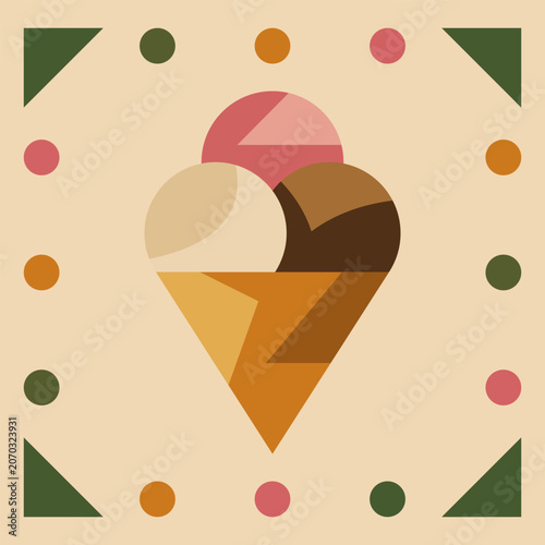 Geometric ice cream cone with three scoops in minimalist style. Abstract frozen dessert illustration with sweet summer treat in modern colorful design isolated on beige background.
