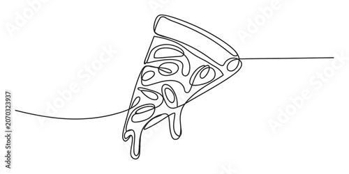 Single continuous line drawing of a tasty pizza slice with melted cheese