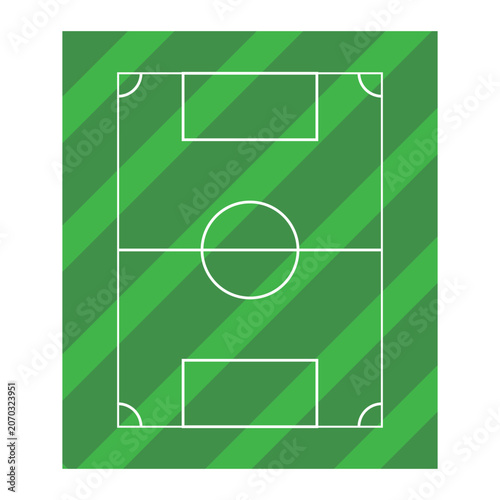 Minimalist soccer field layout with green striped grass texture viewed from above. Modern football pitch template with white markings, center circle, penalty areas and corner arcs isolated.