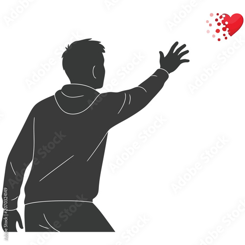 Tableau sur toile Silhouette of a man reaching towards a disintegrating red heart with silhouette