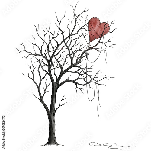 Εκτύπωση καμβά Lone bare tree with a hanging red heart leaf branches loneliness melancholy