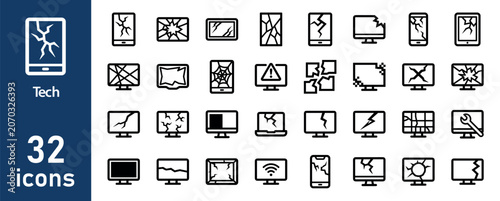 Fotografía Set of 32 thin line icons for technology and broken devices