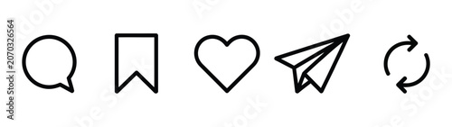 Valokuva outlined Instagram interaction icon collection, like comment share and repost symbols, social media engagement UI concept, clean modern line vector illustration