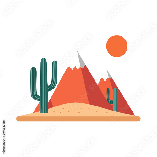 Flat vector desert landscape with cacti and mountains