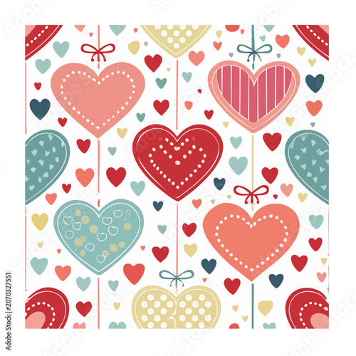 Seamless pattern of colorful hearts with bows
