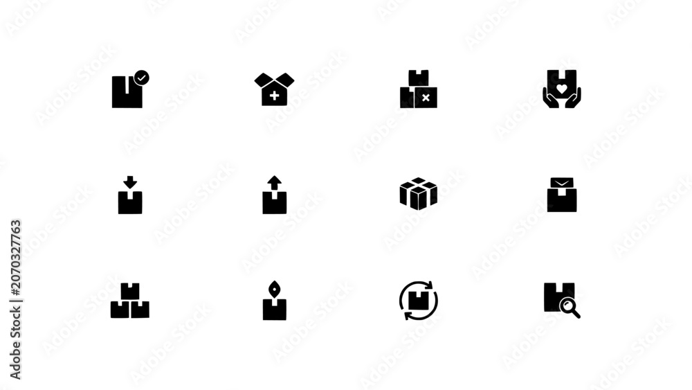 Fototapeta premium Icon Set of Black and White Generic Office Objects, Arrows, People, and Building Symbols in Grid Layout