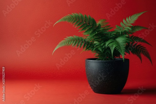 Potted Fern Plant In Black Pot On Red Background Minimal Indoor Greenery Still Life