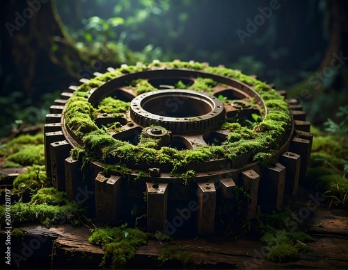Moss Covered Rusted Gear Resting in Dark Forest Clearing