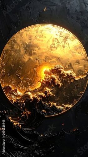 Glowing Golden Circular Abstract Texture Floating on Dark Background