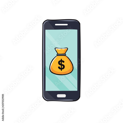 Smartphone with money bag icon on blue screen