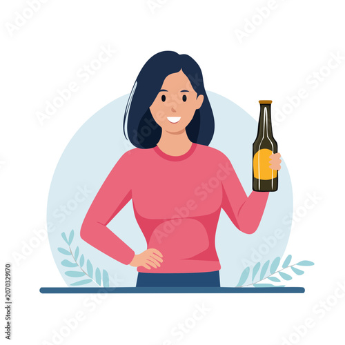 Woman holding a bottle in flat vector illustration