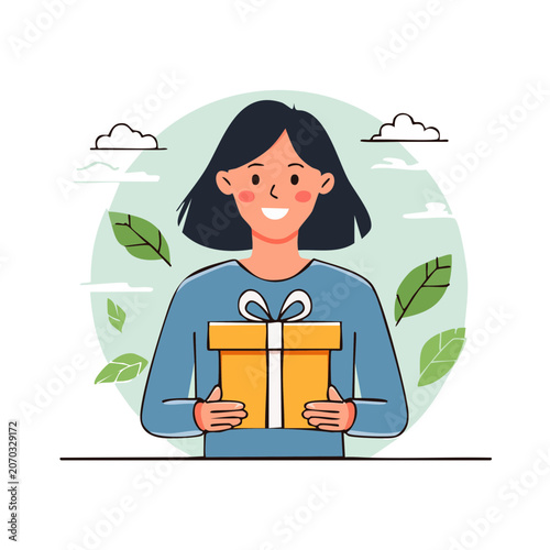 Woman holding a gift box in flat illustration style
