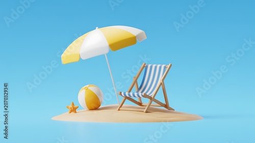 Beach vacation, summer relaxation, yellow umbrella, beach chair, tropical getaway