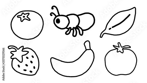 фотографія Hand-drawn black line art icons of cute kawaii ant, tomato, leaf, strawberry, blueberry, banana on white background