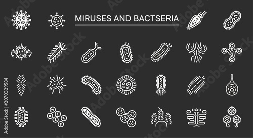 Canvastavla Virus and Bacteria Icons on Black Background