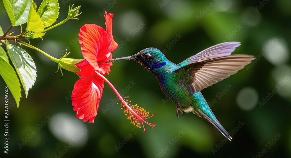 Fototapeta premium Hummingbird feeding on vibrant red hibiscus flower in natural environment