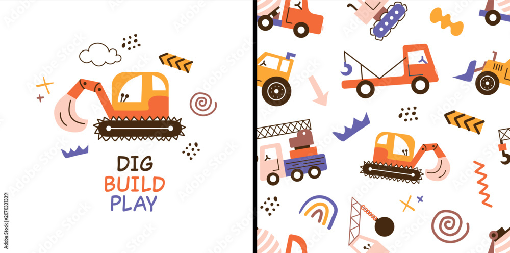 Naklejka premium Cute construction vehicles set with seamless pattern. Kids transport collection featuring excavator, tow truck, crane and tractor. Flat vector illustration isolated on white background.