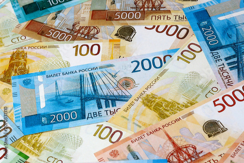Photography Russian ruble money bills in pile on table