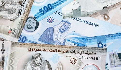 Canvas Print UAE dirham money bills in pile on table