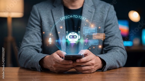 Man holding smartphone with glowing AI robot, sound wave, microphone and chat bubbles, speech to text, voice recognition and artificial intelligence assistant technology concept